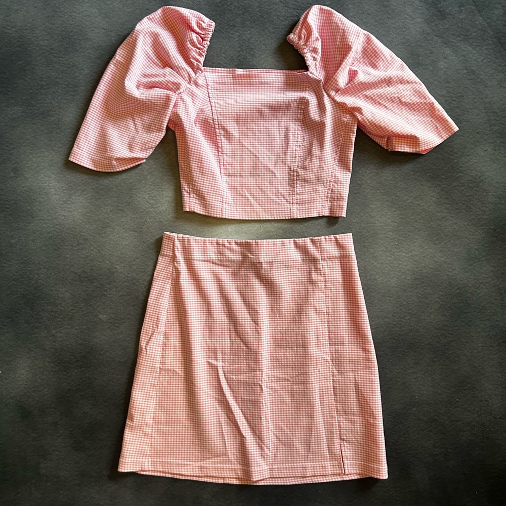 TOPSHOP Pink Gingham Puff-Sleeve Crop Top & Mini Skirt Set S/M